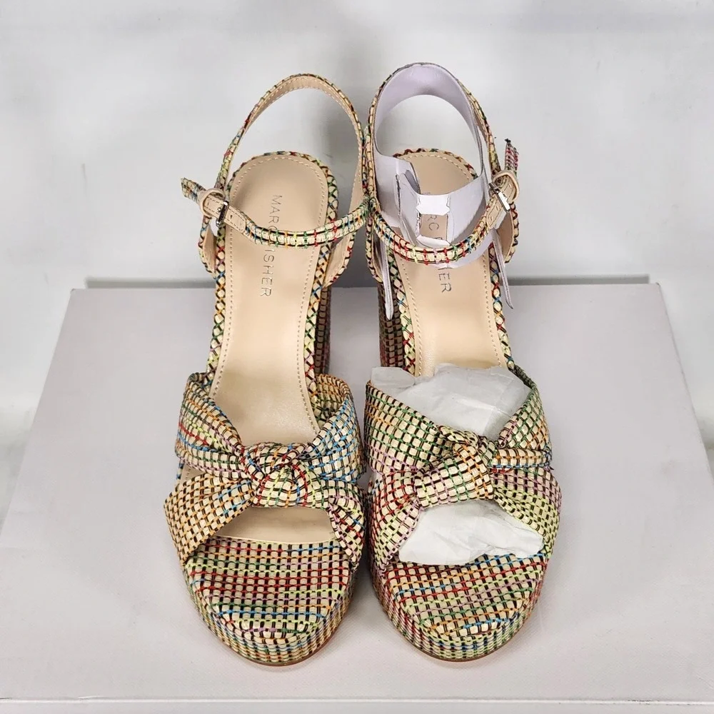 Marc Fisher Deren3 Sandals Women Size 6.5 Medium Natural Woven Platform Heels